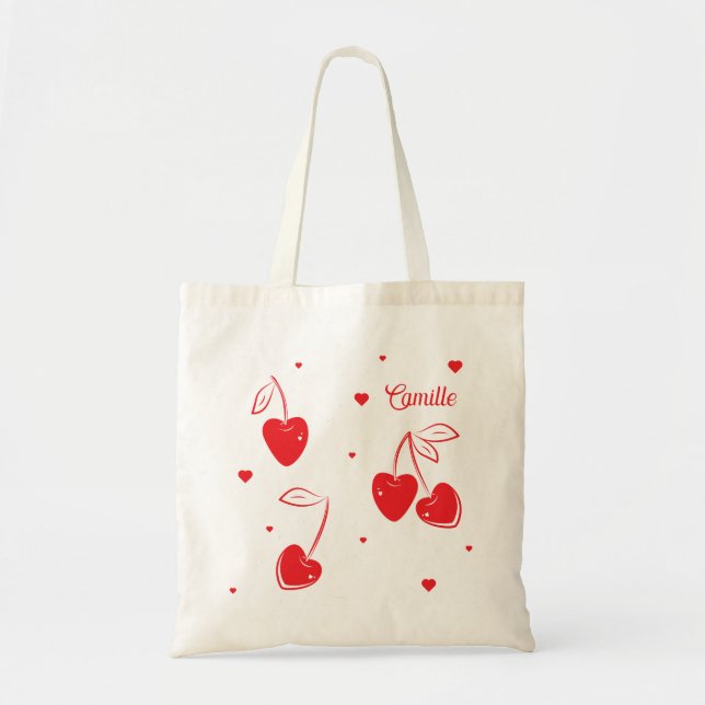 Red Cherry Hearts Whimsical Niedlich Shape Name Tragetasche (Vorne)