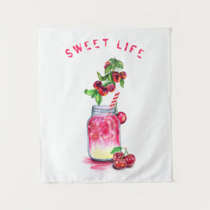 Red Cherry Juice Cool Drink Tapestry Fruit Wandteppich