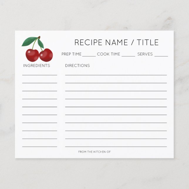 Red Cherry Moderne Minimalistische Rezept Card (Vorderseite)