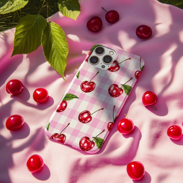 Red Cherry Pink Gingham Kariertes Muster Telefonca iPhone Hülle (Von Creator hochgeladen)