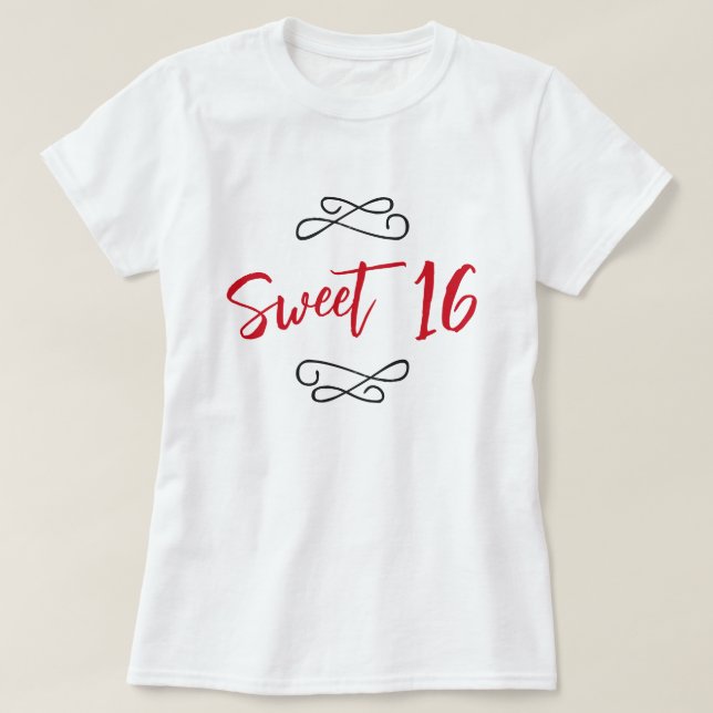 Red Chic Doodle Modernes Script Sweet 16 T-Shirt (Design vorne)