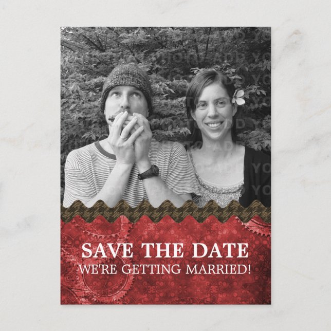 Red Chic Steampunk Foto Save the Date Postkarte (Vorderseite)