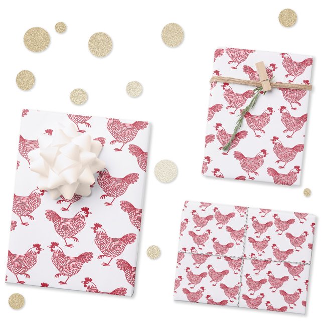 Red Chicken Hen Geschenkpapier Set (Chicken hen poultry red and white gift wrap paper sheets)