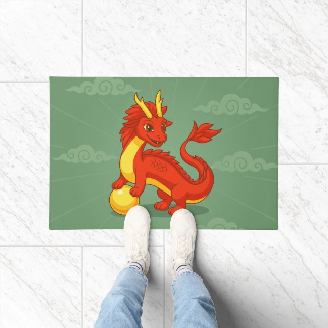 Red Chinese Dragon on Green Fußmatte (Indoor)