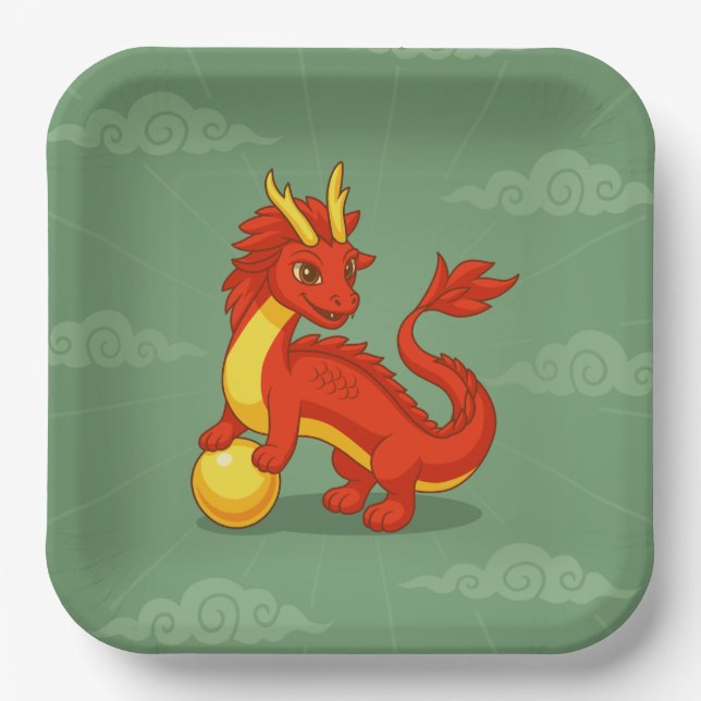 Red Chinese Dragon on Green Pappteller (Vorderseite)