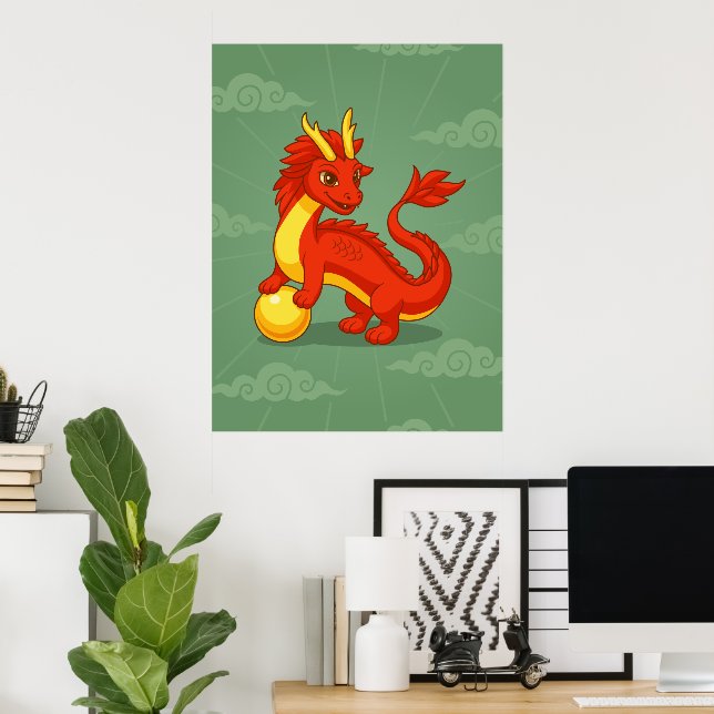 Red Chinese Dragon on Green Poster (Heimbüro)