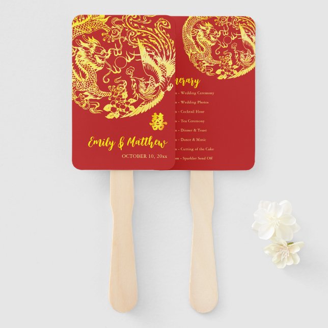 Red Chinese Dragon Phoenix Logo Hochzeitsprogramm Fächer (Vorne und Hinten)