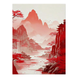 Red Chinese Landscape Painting - Serene Mountains Poster