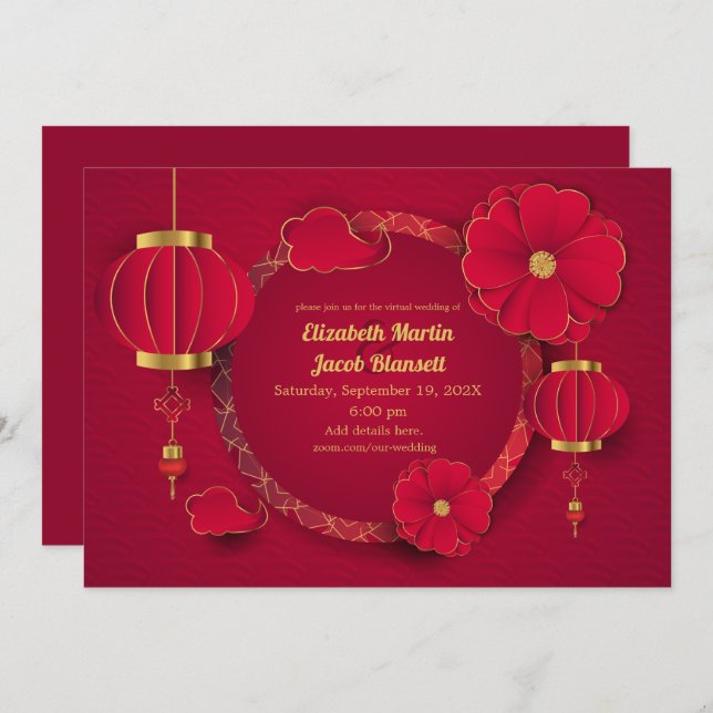 Red Chinese Lanterns & Blume Virtual Wedding Einladung (Vorne/Hinten)