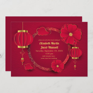 Red Chinese Lanterns & Blume Virtual Wedding Einladung