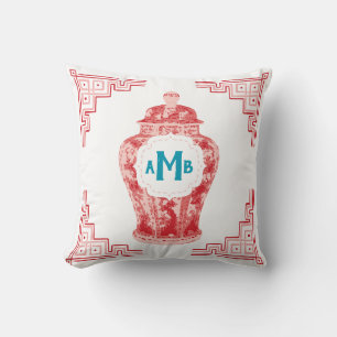 Red Chinoiserie Ginger Jar Monogram Kissen