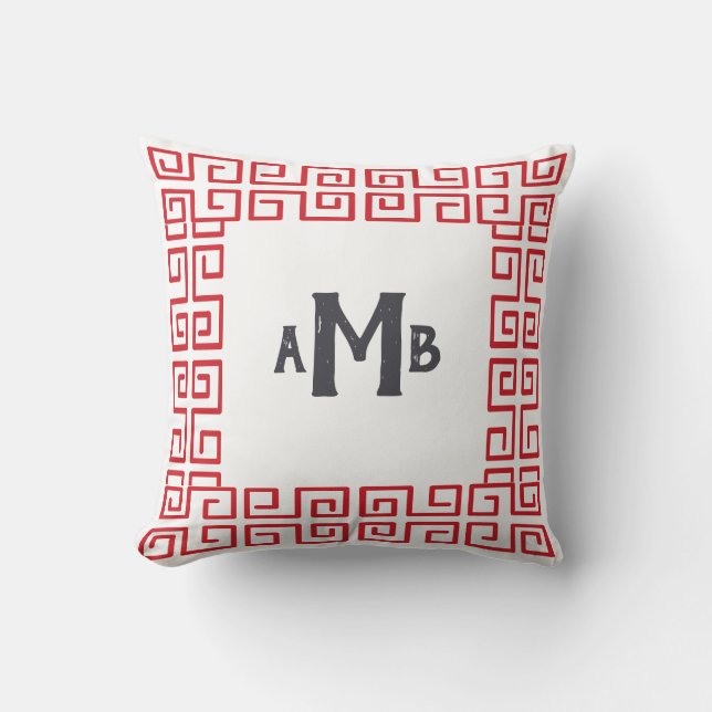 Red Chinoiserie Wide Greek Key Border Monogram Kissen (Vorderseite)
