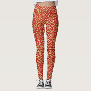 Red Chiyogami Floral Pattern Leggings