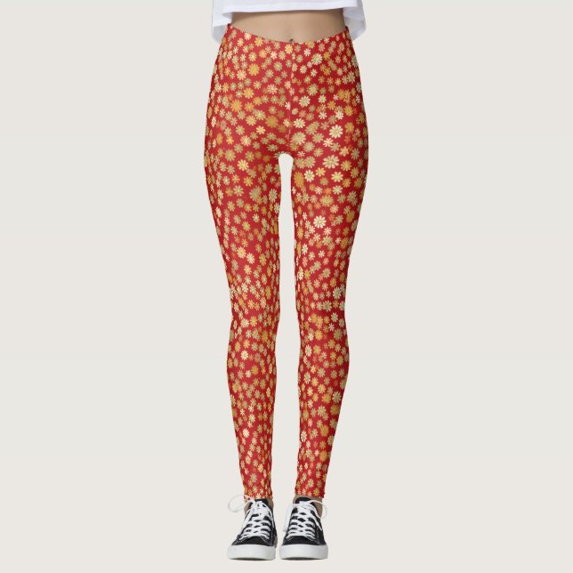Red Chiyogami Floral Pattern Leggings (Vorderseite)
