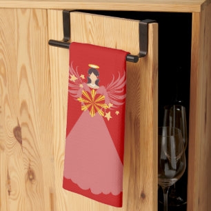 Red Christmas Angel Heart Stars Wings Halo Geschirrtuch