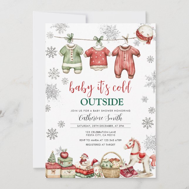 Red Christmas Baby It’s Cold Outside Baby Shower Einladung (Vorderseite)