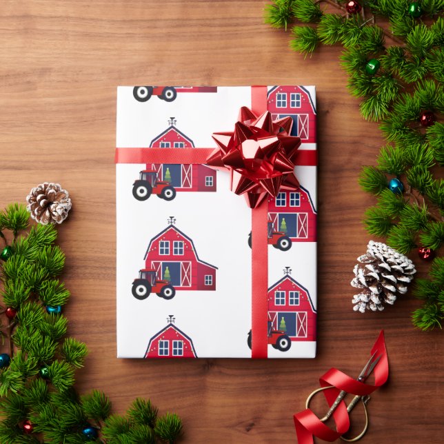 Red Christmas Barn mit Traktor Geschenkpapier (Feiertagsgeschenk)