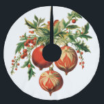 Red Christmas Baubles mit Holly Festivals Polyester Weihnachtsbaumdecke<br><div class="desc">Baumrock mit einer Vintagen Stildarstellung. 3 rote Weihnachtsbaumbläschen umgeben von grünen Heiligen und Beeren. Stilvolles Retro-Design.</div>