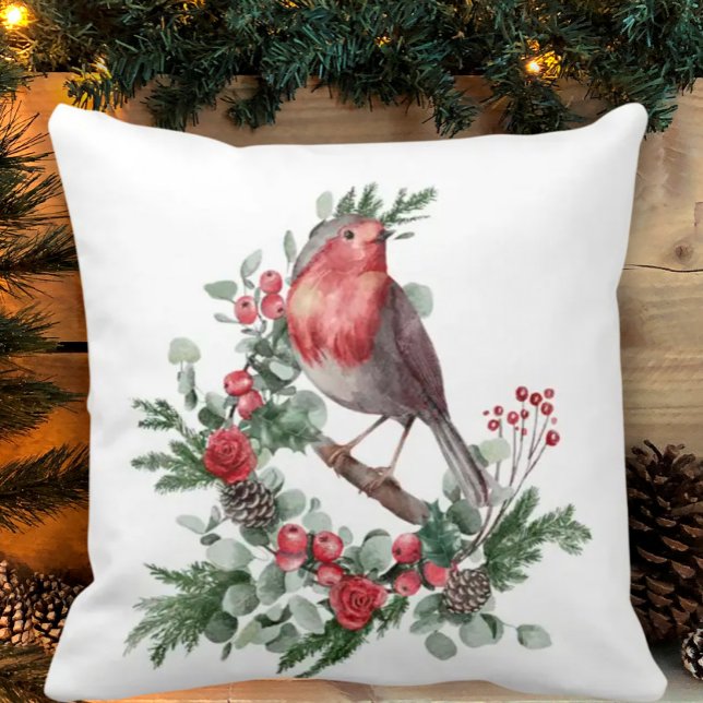 Red Christmas Bird Holly Berry Pine Cone Branchen Kissen (Von Creator hochgeladen)
