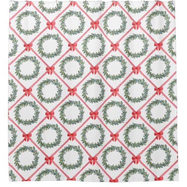 Red Christmas Bow Boxwood Wreath Shower Curtain Duschvorhang (Vorderseite)