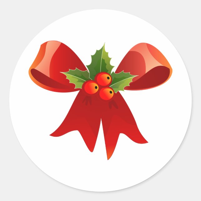 Red Christmas Bow mit Holly Runder Aufkleber (Vorderseite)
