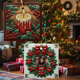 Red Christmas Candle Customizable Square Keramikornament