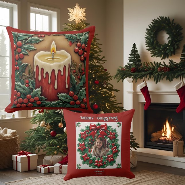 Red Christmas Candle individuell anpassbare Throw  Kissen (Von Creator hochgeladen)