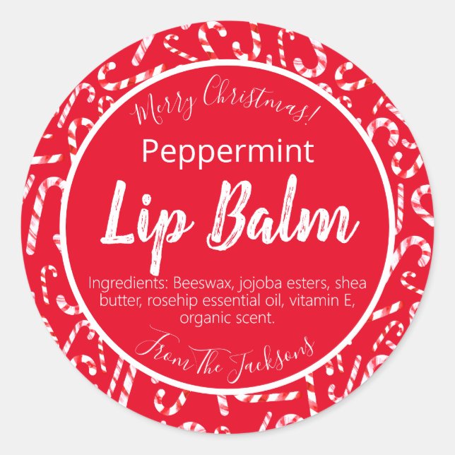 Red Christmas Candy Cane Peppermint Lip Balm Label Runder Aufkleber (Vorderseite)
