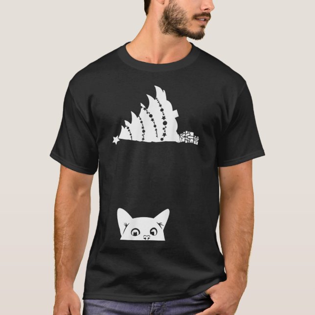 Red Christmas Cat Tipping Weihnachtsbaum über Meow T-Shirt (Vorderseite)