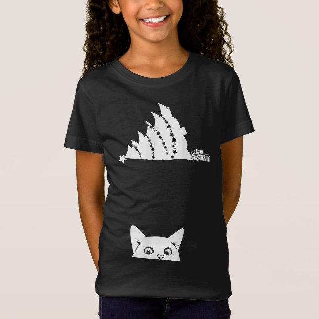 Red Christmas Cat Tipping Weihnachtsbaum über Meow T-Shirt (Vorderseite)