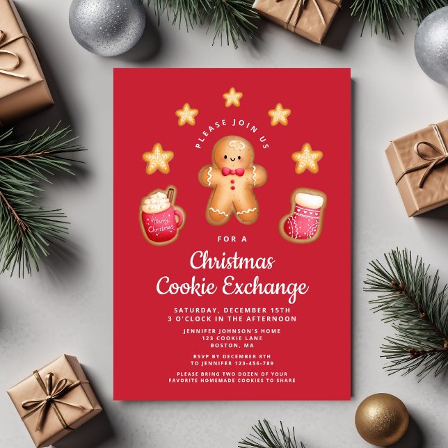 Red Christmas Cookie Exchange Niedlich Gingerbrot  Einladung (Red Christmas Cookie Exchange Cute Gingerbread Man Invitation)