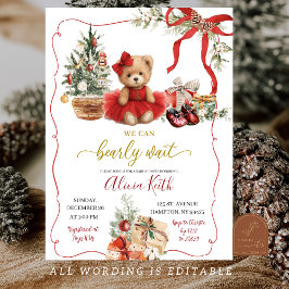 Red Christmas Coquette Bear Girl Baby Shower Einladung