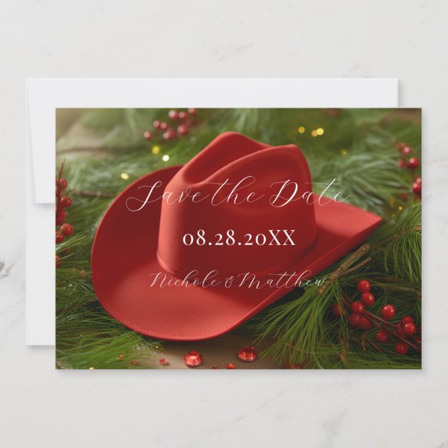 Red Christmas Cowboy Hat Wedding Save The Date (Vorderseite)