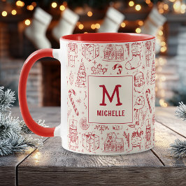 Red Christmas Doodle Monogramm und Name Tasse