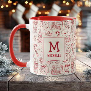 Red Christmas Doodle Monogramm und Name Tasse