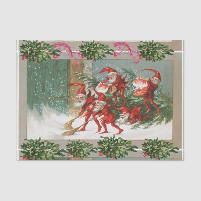 RED CHRISTMAS ELVES SWEEPING IN SCHNEE-Mistletos Seidenpapier (Vorderseite)