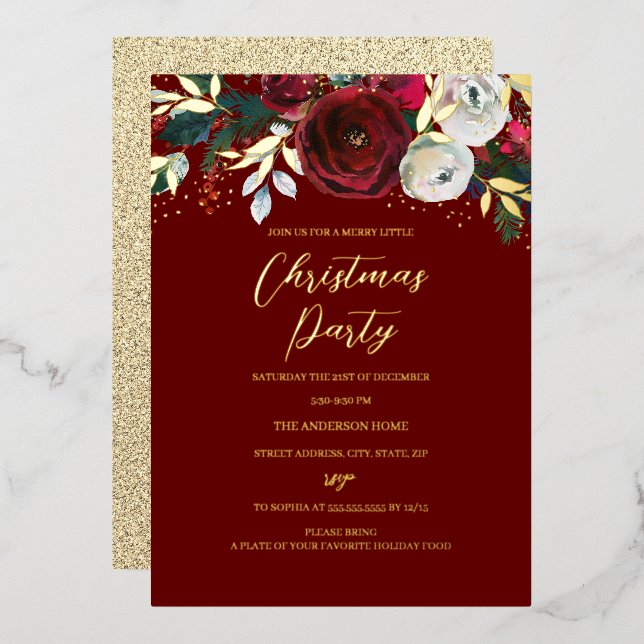 Red Christmas Festive Foliage Party Folieneinladung (Vorderseite/Rückseite)