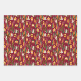 Red Christmas Festive Village Birds and Snowflakes Geschenkpapier Set