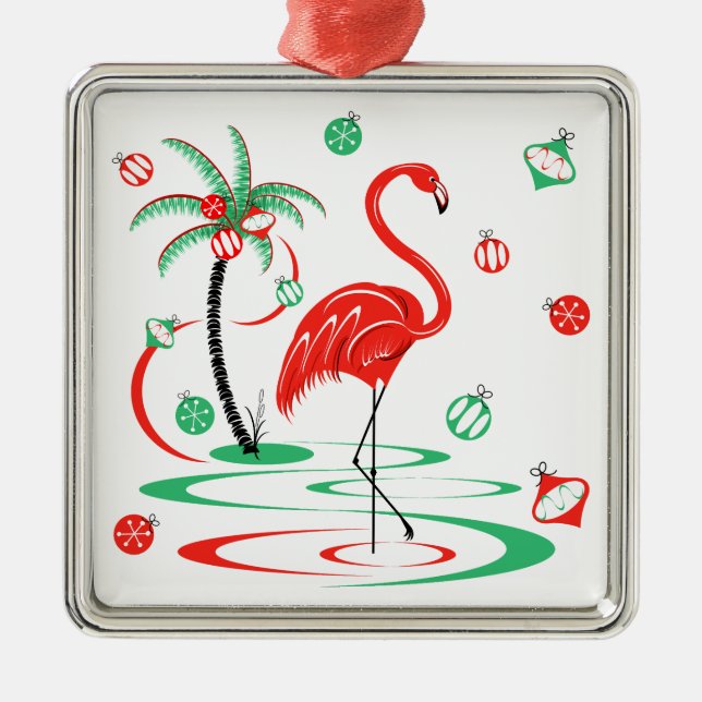 Red Christmas Flamingo Baubles Platz Ornament Aus Metall (Vorne)