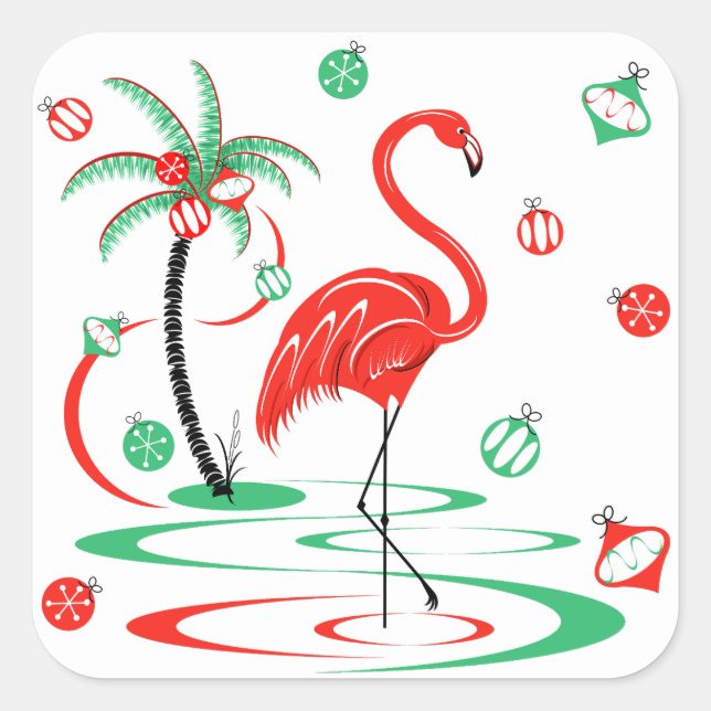Red Christmas Flamingo Baubles Platz Quadratischer Aufkleber (Vorderseite)