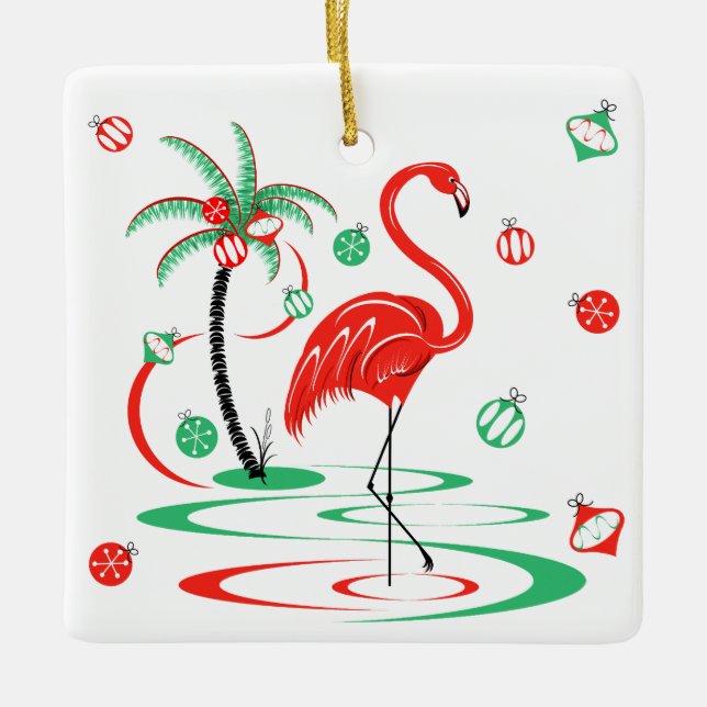 Red Christmas Flamingo Baubles Text Square Keramikornament (Vorderseite)