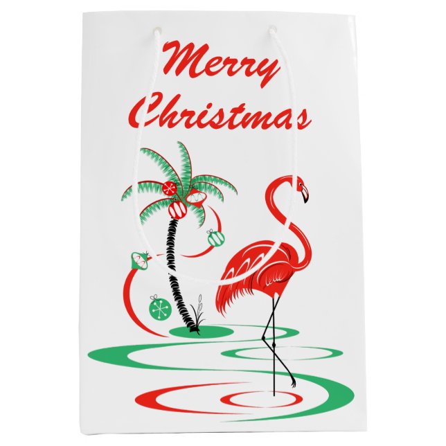 Red Christmas Flamingo Frohe Weihnachtsmittel Mittlere Geschenktüte (Vorderseite)