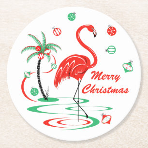 Red Christmas Flamingo Frohe Weihnachtsrunde Runder Pappuntersetzer
