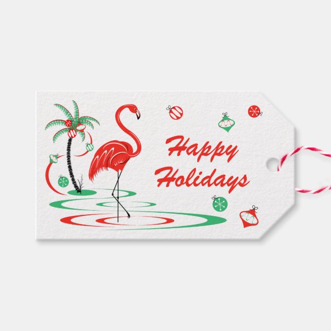 Red Christmas Flamingo Happy Holidays Landschaft Geschenkanhänger (Vorderseite (Horizontal))