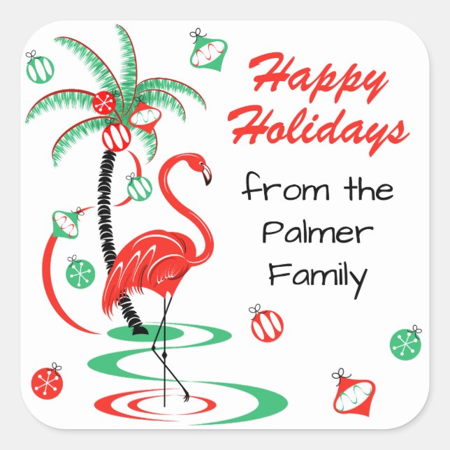 Red Christmas Flamingo Happy Holidays Text Square Quadratischer Aufkleber (Vorderseite)