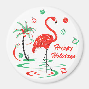 Red Christmas Flamingo Holidays Magnet rund