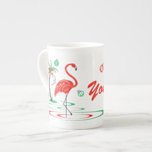 Red Christmas Flamingo Name Knochen China Prozellantasse