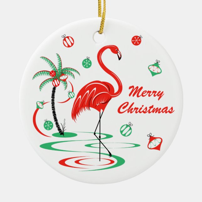 Red Christmas Flamingo Weihnachtsrunde Keramik Ornament (Vorne)
