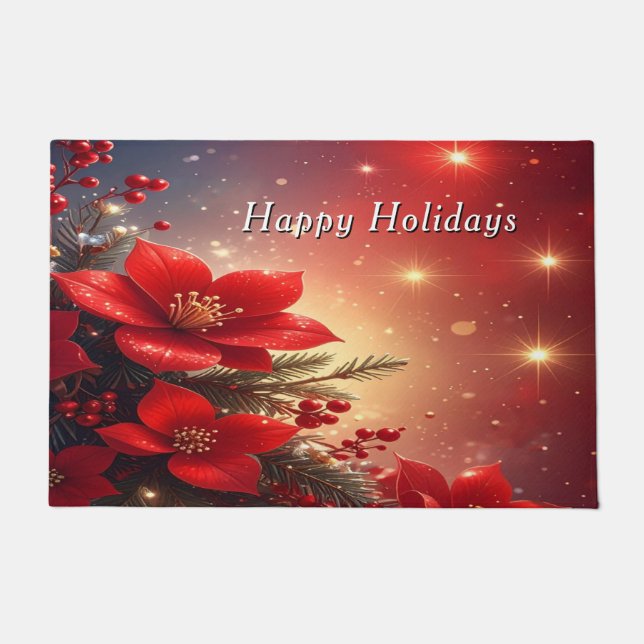 Red Christmas Floral Holiday Doormat Fußmatte (Vorderseite)