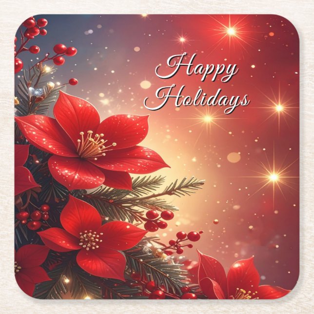 Red Christmas Floral Holiday Paper Coaster Rechteckiger Pappuntersetzer (Vorderseite)